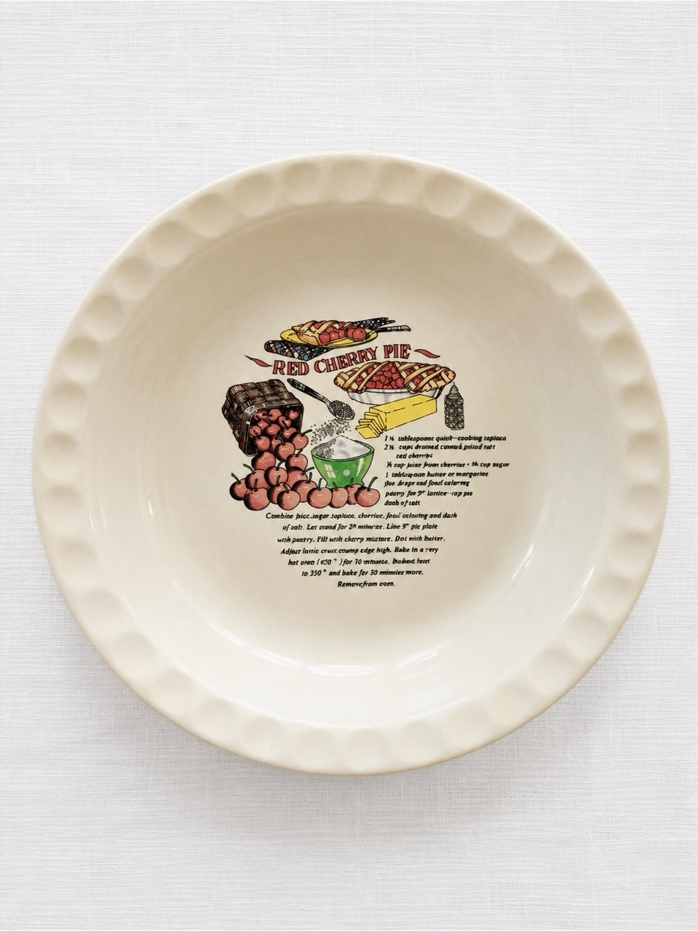 Vintage Red Cherry Pie Recipe Stoneware Pie Plate 10” Scalloped Baking Dish